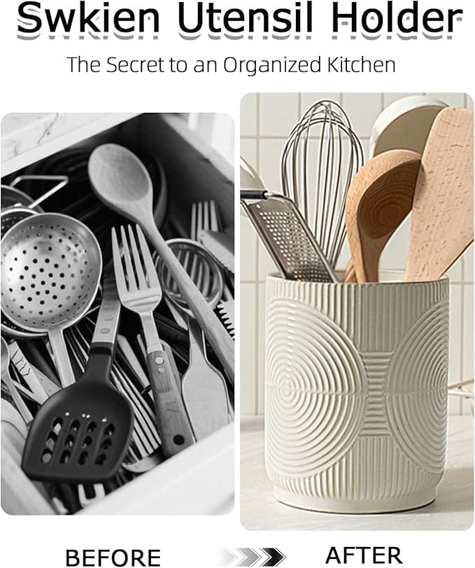 Utensil Holder, 7.2" Kitchen Utensil Holder for Counter, 2-in-1 Ceramic Cooking Utensils Holders with Spoon Rest, Utensil Crock for Spatula, Ideal Housewarming Gift (Beige)