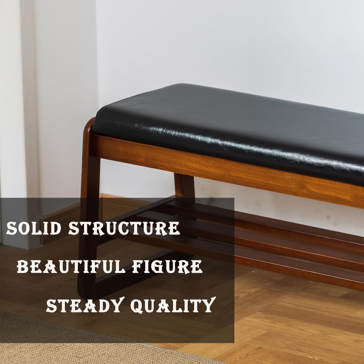 latifolia Solid Wood Bench, Entryway Shoe Bench with Cushion, 2 Tier Shoe Storage Organizer for Hallway, Living Room(Black,39.70''L)