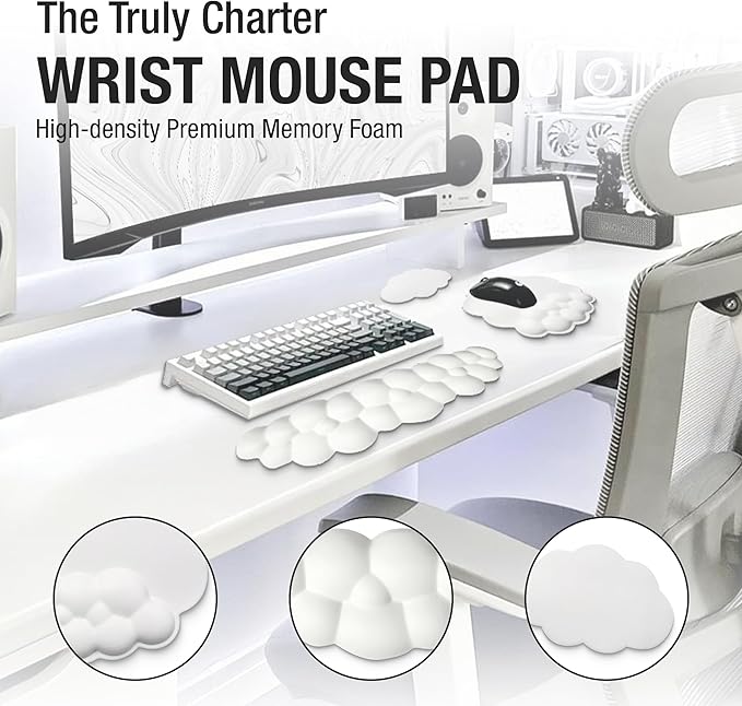Premium Quality Cloud Wrist Rest Keyboard & Mouse Pad Set – Ergonomic Memory Foam Desk Accessories with Wrist Support for Office & Gaming – White Lether