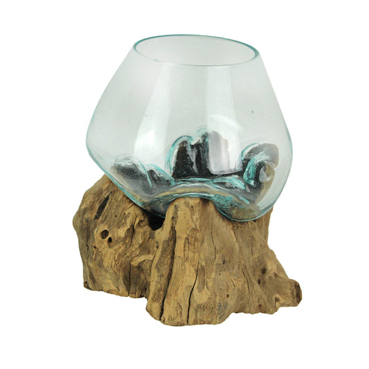 Handcrafted Melted Glass and Teak Driftwood Centerpiece Bowl/Sculpture- Unique 7-Inch Earthy Artistry for Succulents, Terrariums, and Decorative Displays