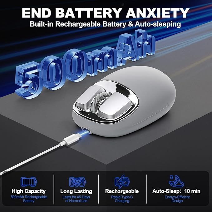 YUNZll C1 Silicone Wireless Mouse, Tri-Mode 2.4G/USB-C/Bluetooth Mouse, 4800 DPl Optical Tracking, 6 Adjustment Levels,Customize Mice for Laptop, Computer, iPad, MacBook (Gray Silver)