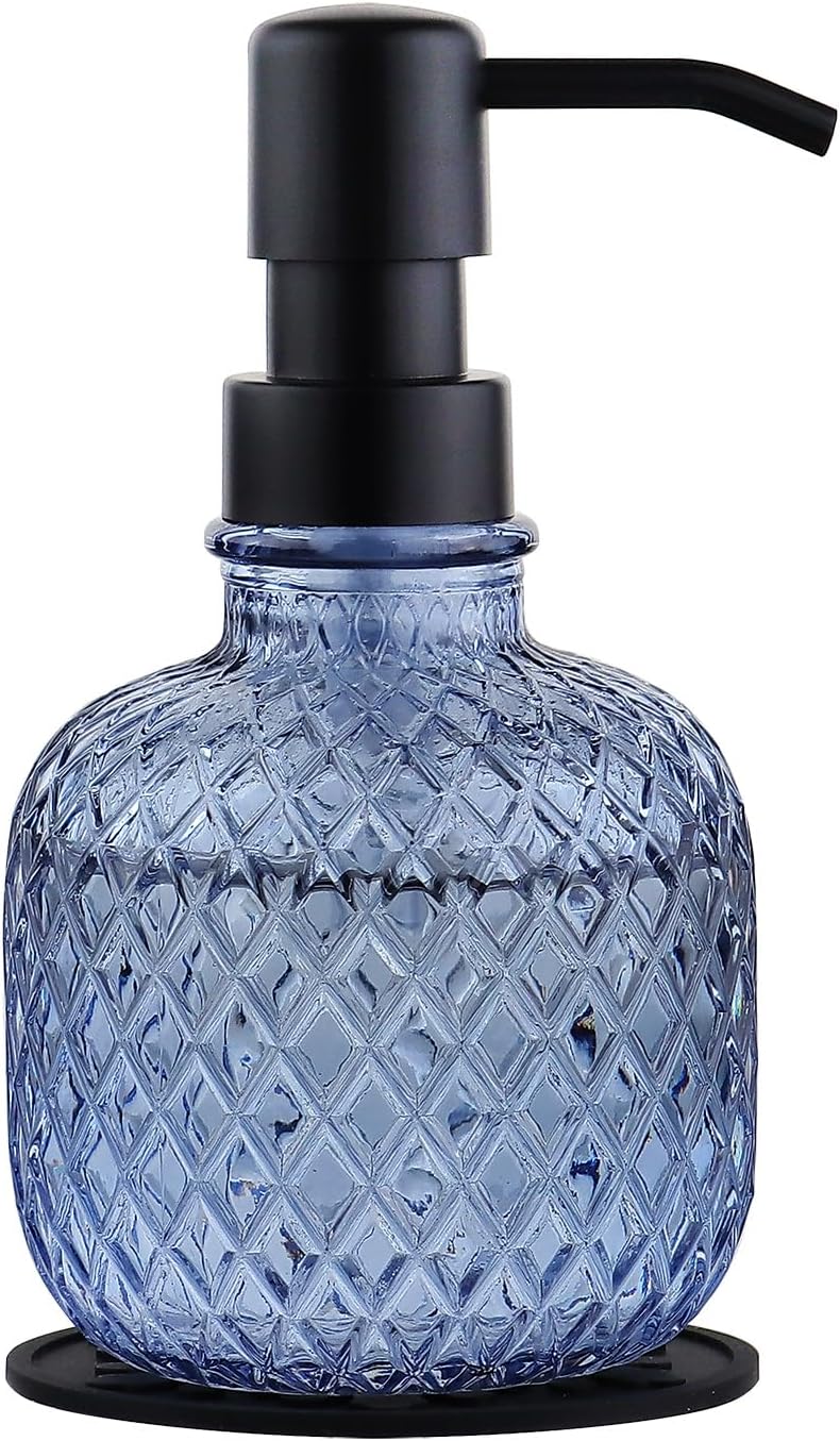 Soap Dispensers with Silicone Mat, for Kitchen and Bathroom Contertop Wash Hand Liquid, Dish Detergent, Farmhouse Style Shampoo Lotion Pump (1, Blue Glass with Black, 3-1/2" x 3-1/2" x 6-1/4")
