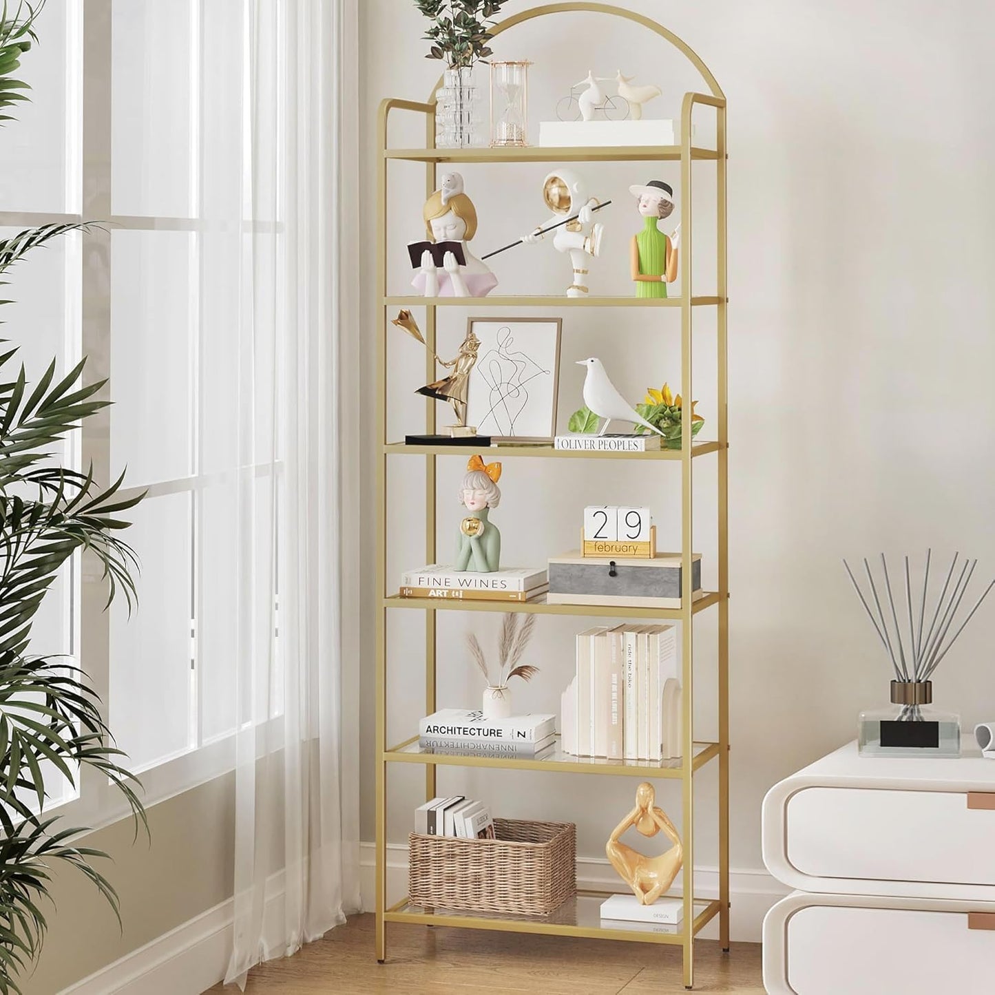 Bookcase Bookshelf, Tempered Glass Bookshelves, Slim Shelving Unit for Bedroom, Bathroom, Home Office, Steel Frame, 6 Tier Gold BC21699G