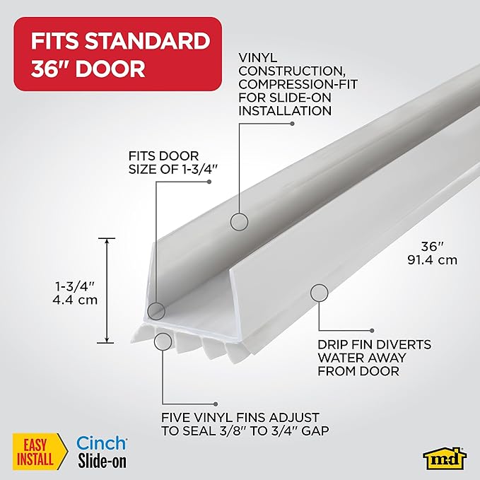 M-D Building Products Vinyl Cinch® U-Shape Door Bottom Seal, Slide-On Weatherstripping Draft Stopper, Easy to Install, Fits 36” x 1-3/4” Doors, Fills 3/8”- 3/4” Gaps, 43336, White