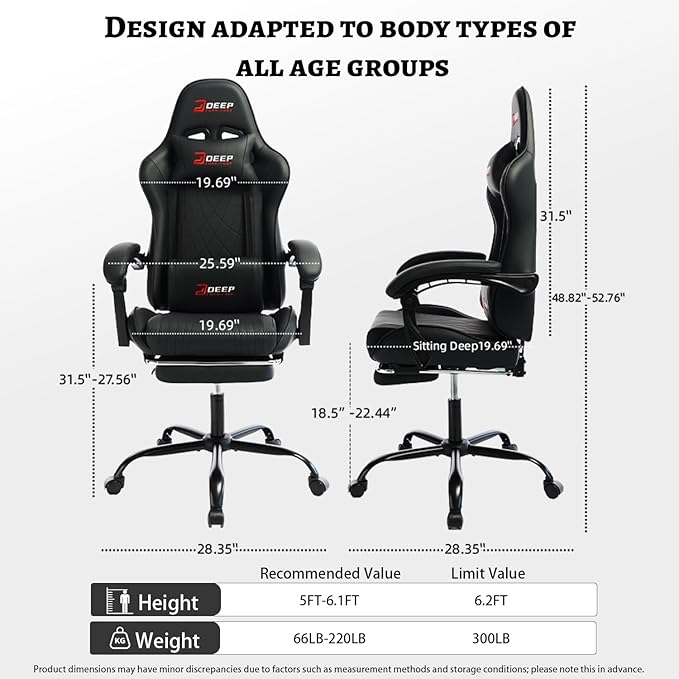 Ergonomic Gaming Chair with Footrest and Lumbar Massage, Racing Office Chair, High Back Computer Desk Chair with Headrest Pillow for Adults, Video Game Chair for PC Gamer (1001-Black)