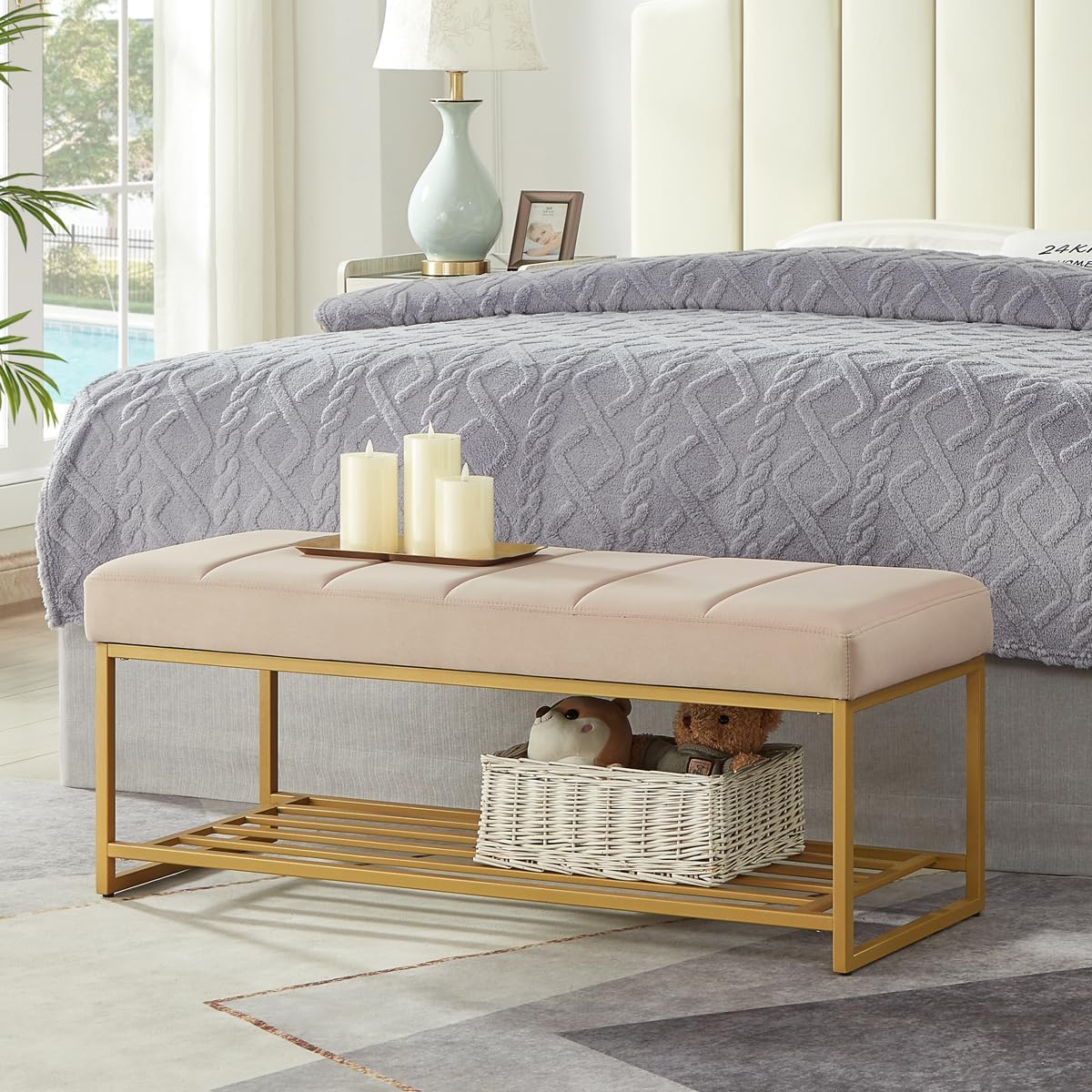 24KF Taupe Velvet Upholstered End of Bed Bench with Metal Shelf, Modern Tufted Channel Entryway Bench Footboard Bench for Living Room, Bedroom, Gold Bench,5036-Taupe