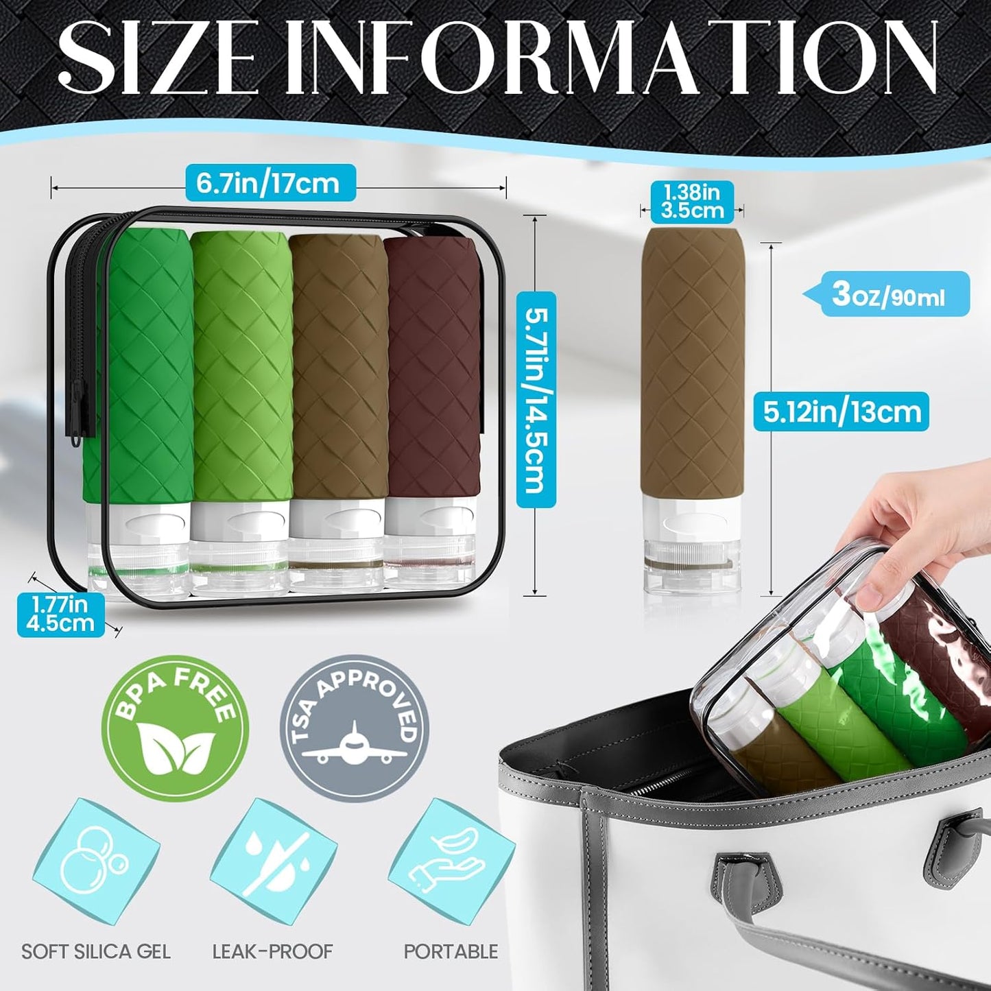 Travel Bottles for Toiletries, TSA Approved Silicone Travel Size Containers for Toiletries, BPA Free Leak Proof Refillable Essentials Accessories, Shampoo and Conditioner Bottles (Forest Green)