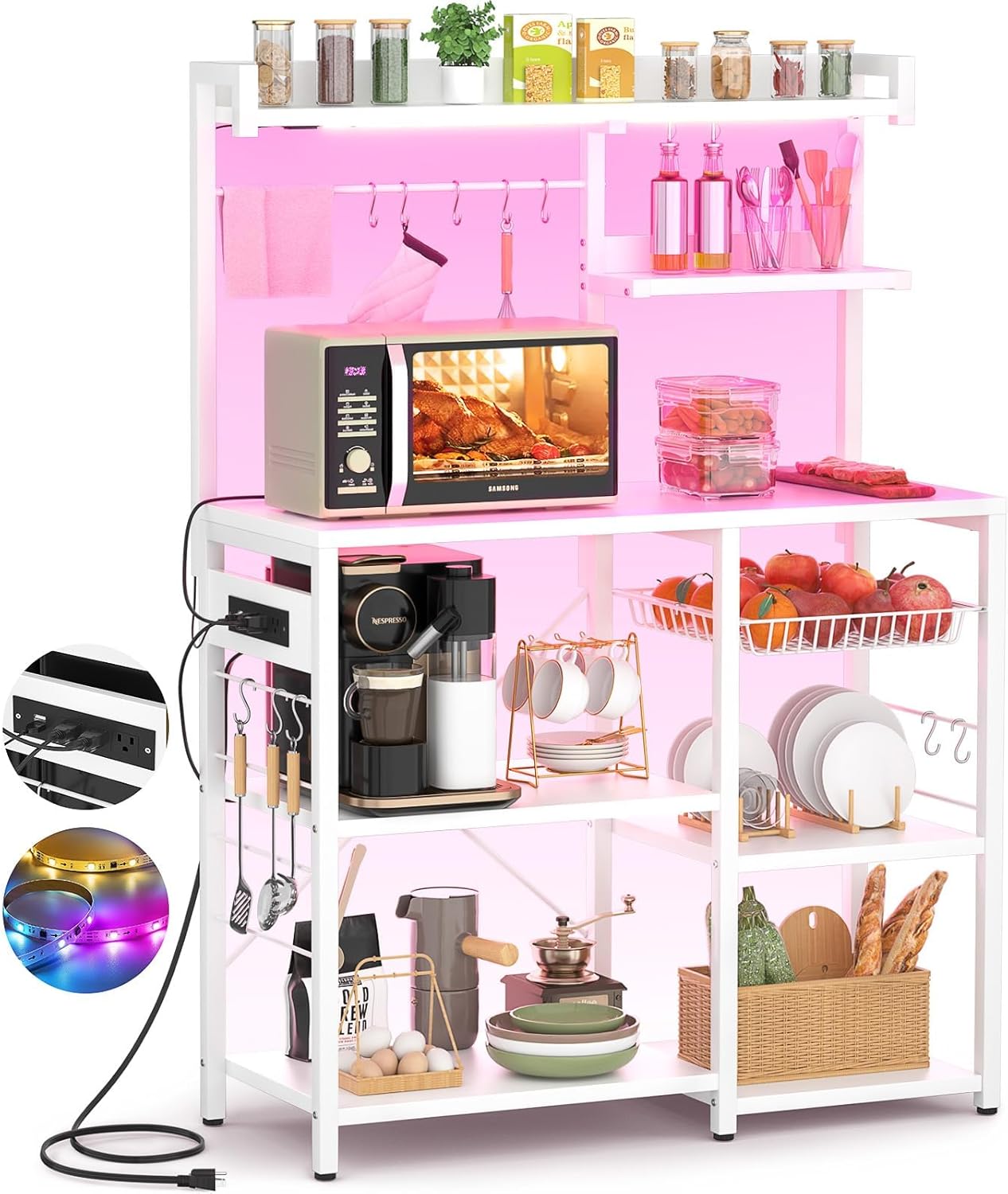 Aheaplus Bakers Rack with Power Outlet and LED Light Strings, Microwave Oven Stand Kitchen Storage Shelf with Wire Basket, Coffee Bar Station Island Table with 10 Hooks for Spices, Pots, Pans, White