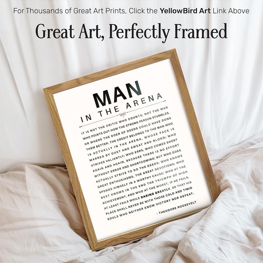 Man in the Arena Quote Poster FRAMED - 8x10 Motivational Inspirational Teddy Roosevelt Daring Greatly Wall Art Decor - Unique Gift for Men, Boys, Teens, Entrepreneur - For Office, Living Room, Bedroom
