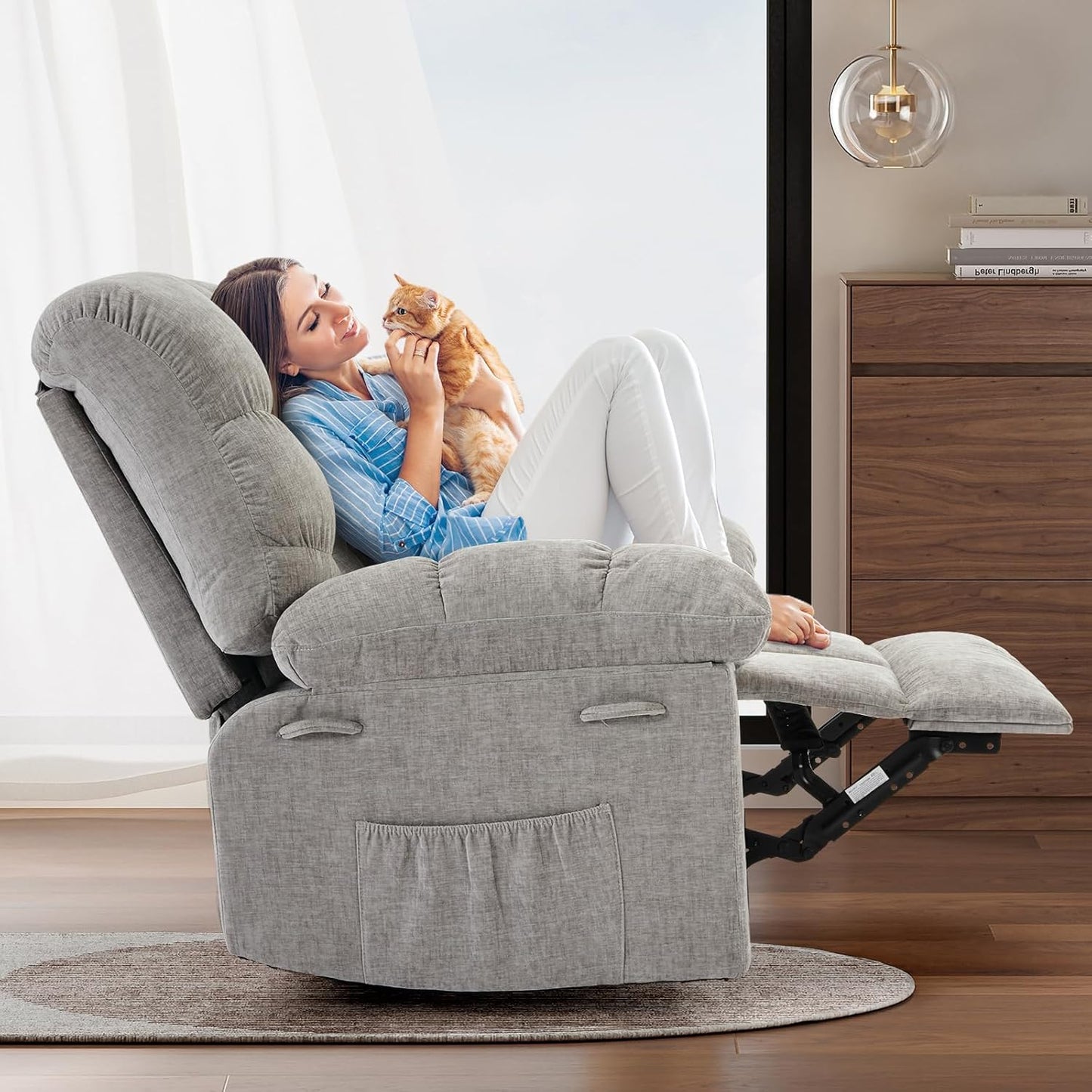 Rocking Recliner Chair,360° Swivel Rocker Chair for Living Room,Upholstered Fabric Glider Nursery Chair with Side Pockets for Small Spaces,Q235 Steel Frame Lazy Boy Recliner Single Sofa(Grey)