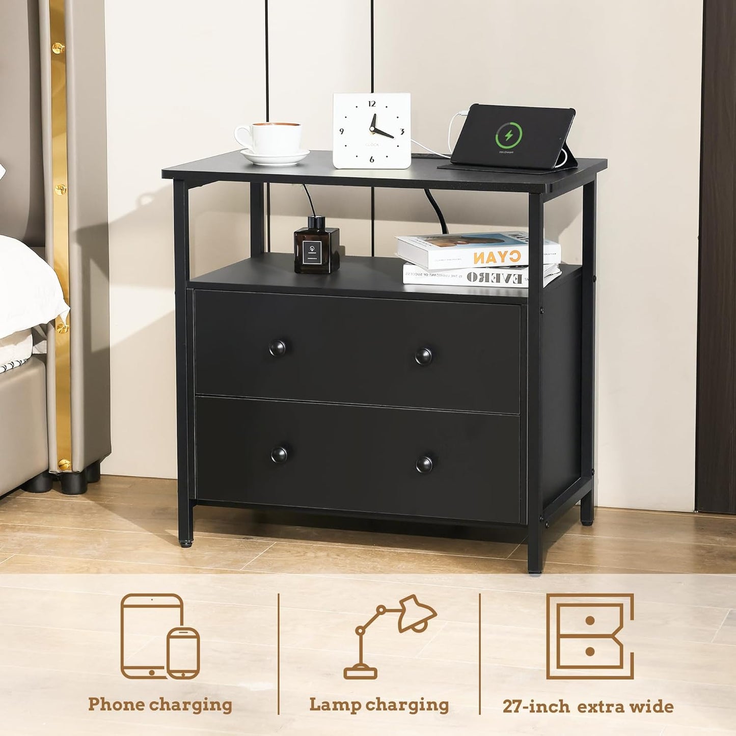 27 inch Wide Nightstand with Charging Station, Bedside Table with Open Shelf, 2 Drawers Small Wood Dresser, End Side Table for Bedroom (Black)