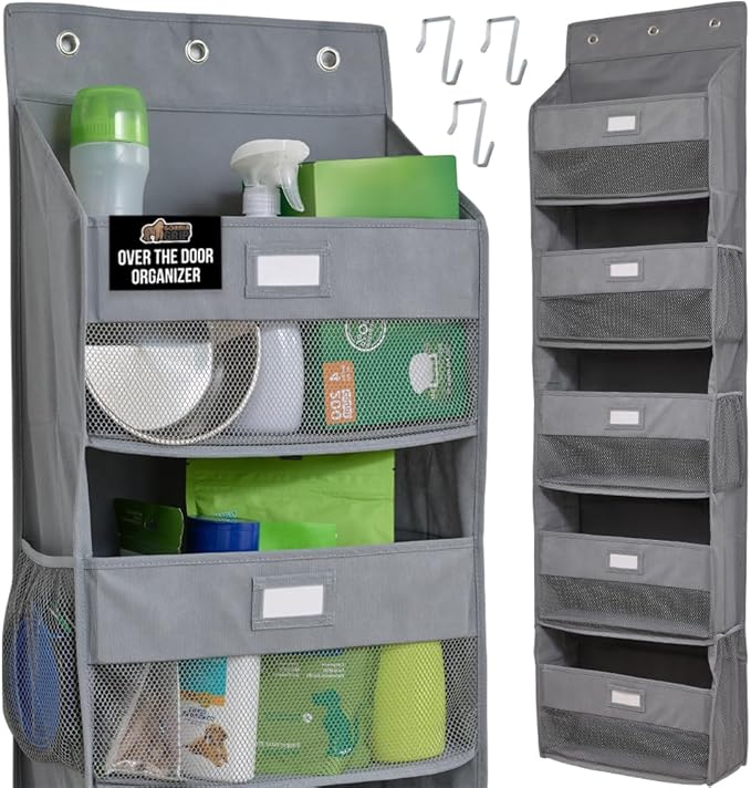 GORILLA GRIP Large Capacity Closet Organizer, 5 Deep Shelves, Holds 50lbs, Over the Door Organizers 6 Mesh Pockets, Shelf Storage for Clothes Crafts Dorm Essentials, 3 Metal Hooks, 58x15 Inches, Gray