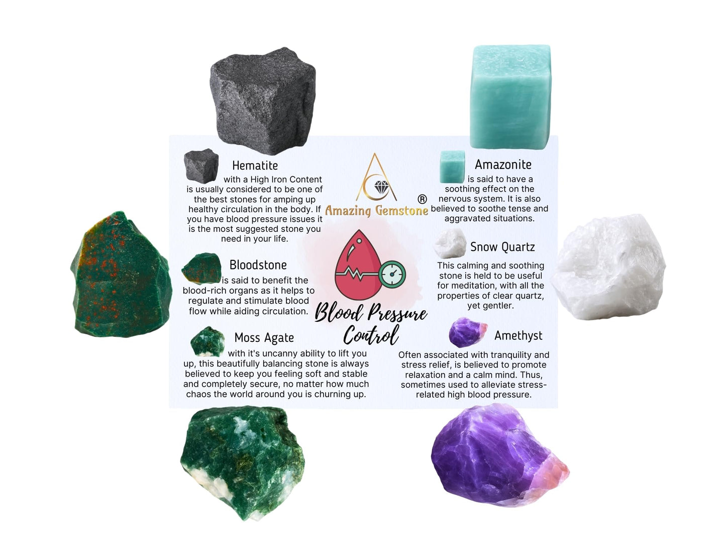 Amazing Gemstone Crystals for Blood Pressure Control, Set of 6 Blood Stone, Hematite, Moss Agate, Amazonite, Snow Quartz and Amethyst Healing Crystals and Stones