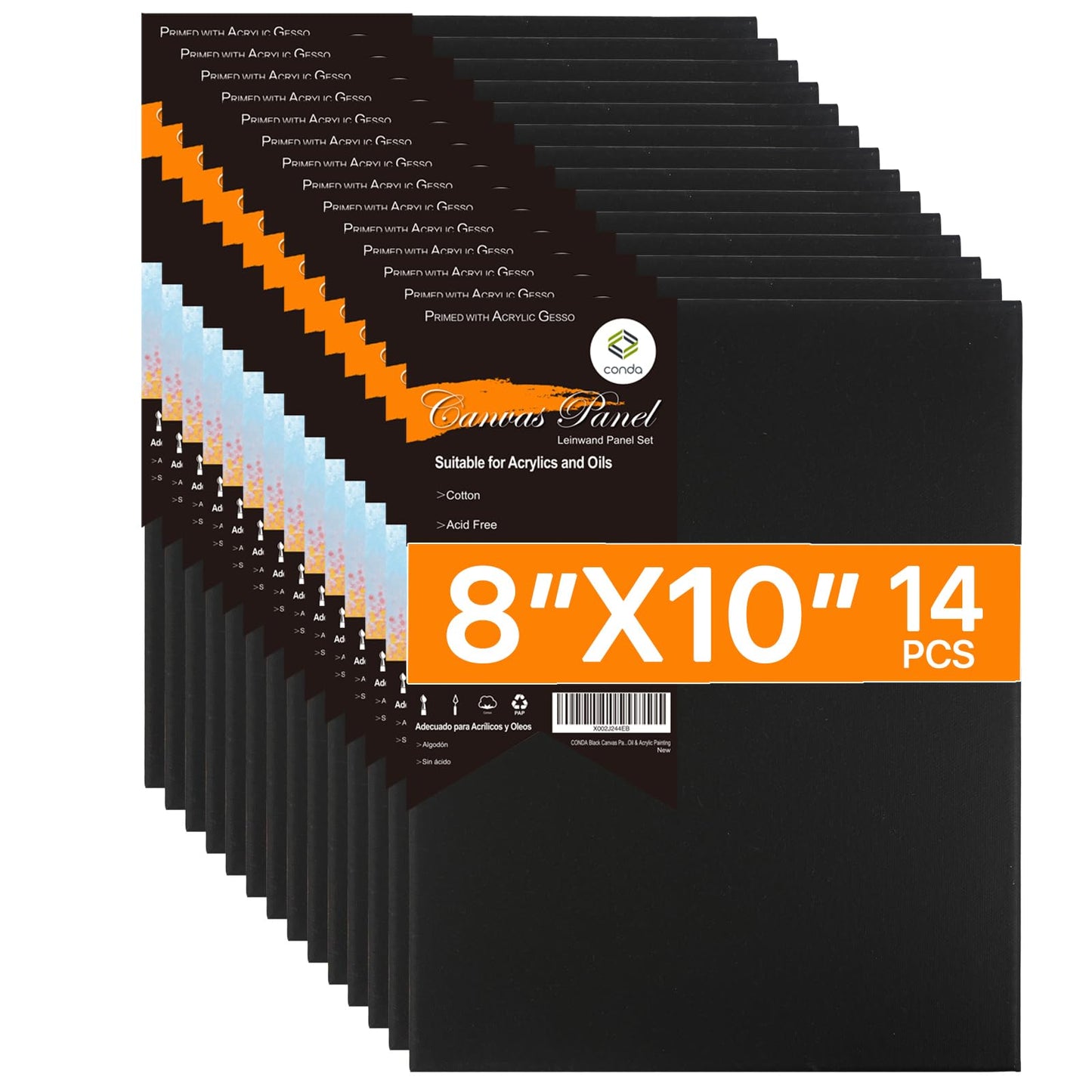 CONDA Black Canvases for Painting, Canvas Panels 8x10 inch, Pack of 14, 100% Cotton Acid-Free, 8 oz Gesso-Primed, Art Boards for Oil & Acrylic Painting