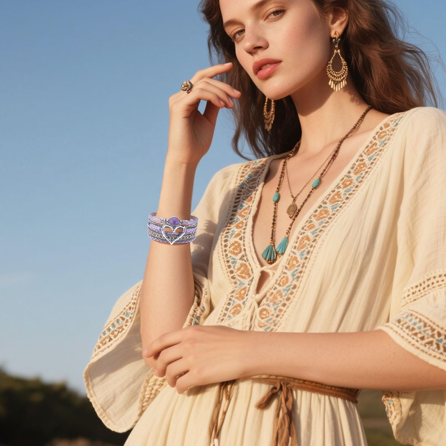VIBILIA Boho Leather Wrap Bracelets for Women Heart Multi-Layer Bracelets with Strong Clasp Jewelry for Women - Purple