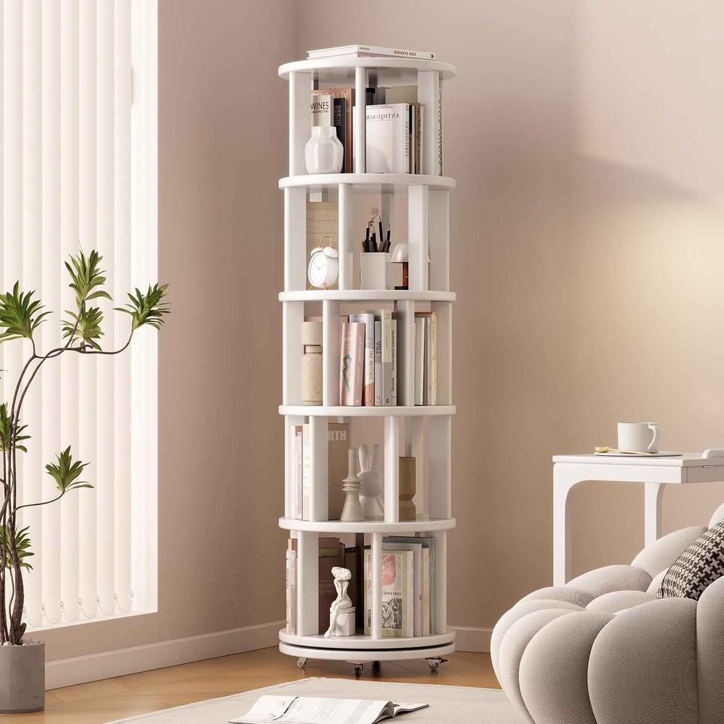 Solid Wood Rotating Bookshelf on Wheels, 5 Tier, Round Revolving Bookcase, 360° Spinning Book Shelf Tower for Kids, Narrow Rolling Bookshelves for Small Space, Corner, Bedroom, Office, White