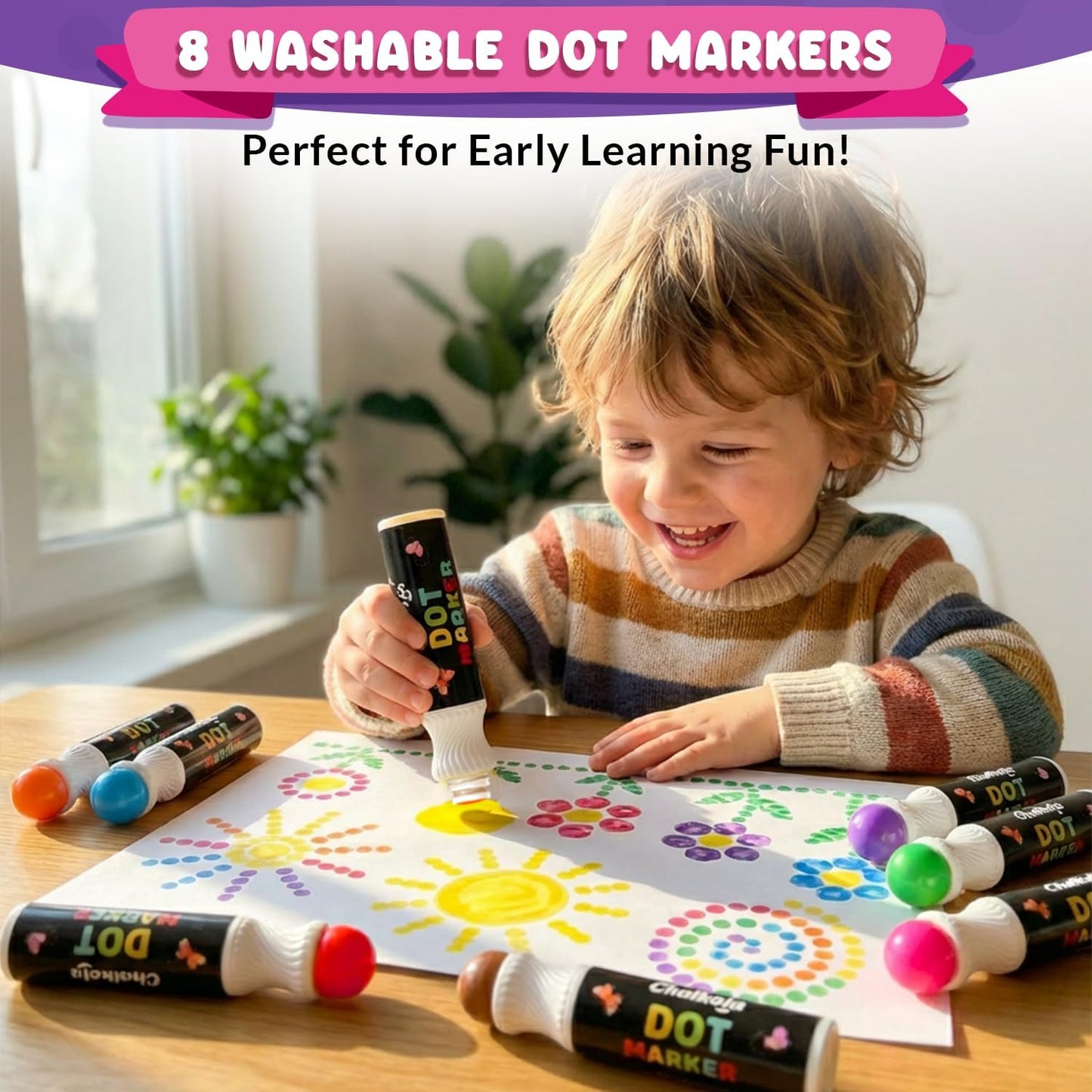 Chalkola Dots of Fun - 8 Washable Dot Markers + Dot Art Sticker Activity Kit | Toddler Art & Craft Supplies for Kids, Stocking Stuffers, Gifts for Boys & Girls Ages 3, 4, 5, 6, 7 Year Old