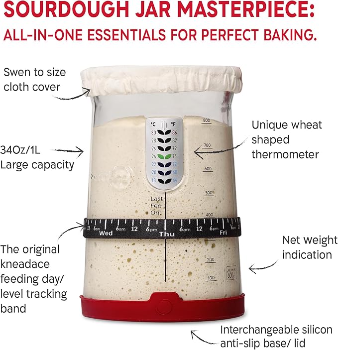 KneadAce Sourdough Starter Kit – 34oz Starter Jar, 2 Round Banneton Proofing Baskets, Magnetic Bread Lame for Scoring – Gift for Bakers & Complete Sourdough Bread Baking Set