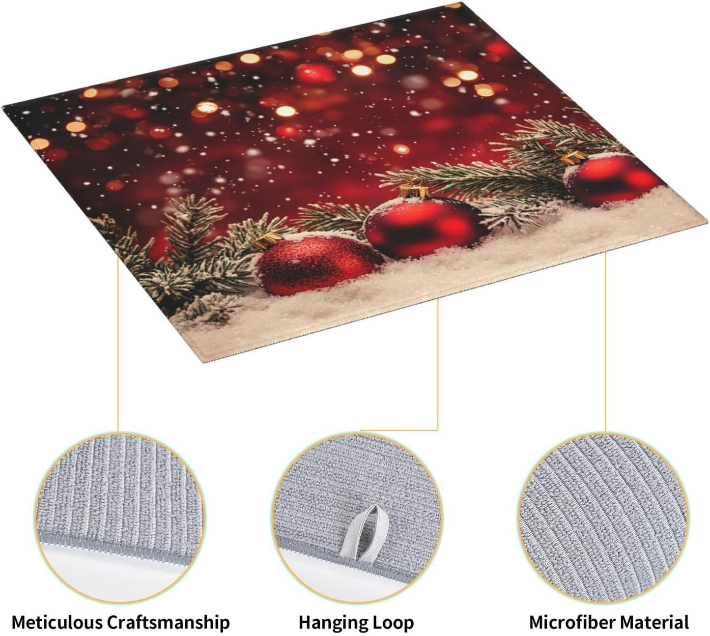 Dish Drying Mat Red Christmas Ball Glitter Absorbent Microfiber Non Slip Quick Dry Heat Resistant Holiday Decorative Kitchen Counter Mat for Plates Cups Glasses 16x18 Inch