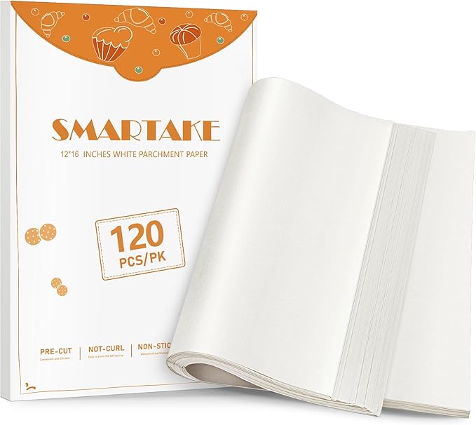 SMARTAKE 120Pcs Parchment Paper Sheets, 12x16 Inch Pre-Cut Parchment Paper for Baking, Non-Stick Baking Paper, Natural Wood Pulp, for Air Fryer Steaming Grilling Rack Oven (White)