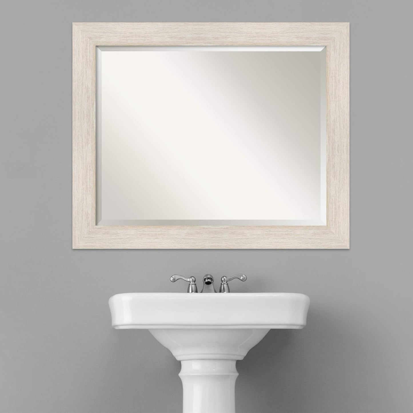 Amanti Art White Bathroom Mirror for Over Sink, 27x33 Hardwood White Wash Rectangle Vanity Mirror, Large Rustic Farmhouse Wood Frame, Hangs Horizonally and Vertically, Bathroom Wall Decor, Beveled