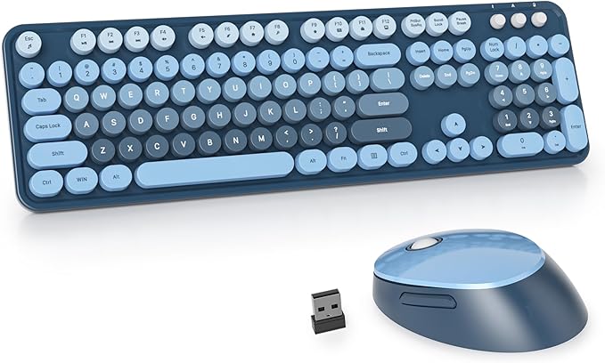 Owpkeenthy Retro Keyboard and Mouse Wireless, Cute Colorful Keyboard with Retro Typewriter Style Full-Sized with Number Pad Round Keys for Desktop, Laptop and Computerr (Gradient Blue)