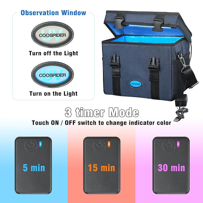 3 Gallon Large-powerful UV Light Sanitizer Ozone Box, Portable Foldable UV Cleaner Bag UVC Household Bag with 3-level Timer for Keys, Towels, Mask Cleaning Machine Blue 12L Ozone