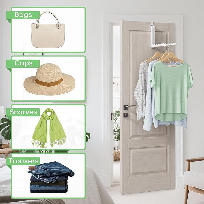 Over The Door Hooks, Extended Over The Door Clothes Hanger with 10 Ridges,Space-Saving Over The Door Rack,Door Hooks for Hanging Clothes,Larger Capacity Over The Door Hanger (2, White)