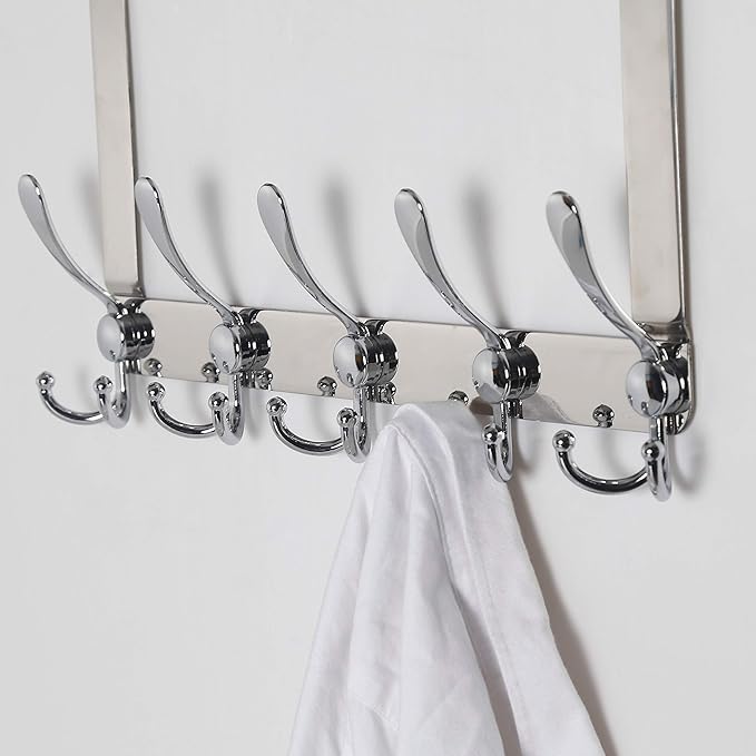 Dseap Over The Door Hook Hanger - 5 Tri Hooks, Heavy Duty Over The Door Towel Rack Coat Rack for Clothes Hat Towel,Chromed
