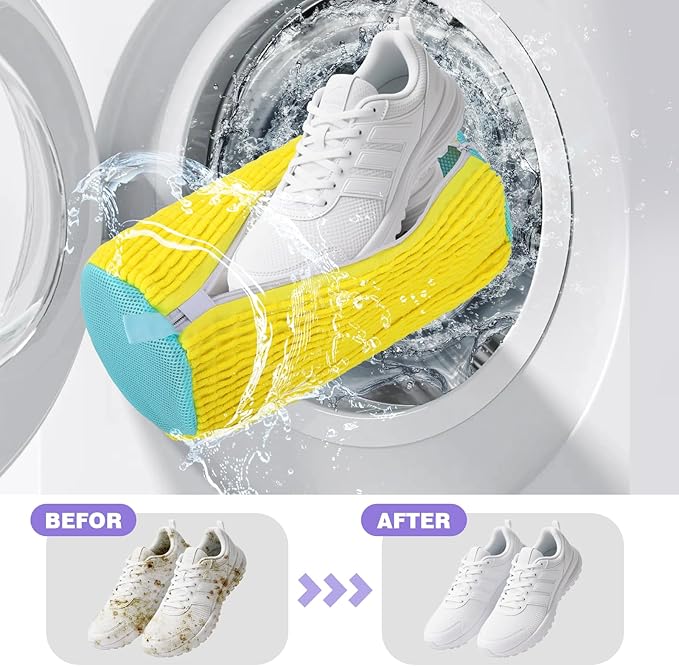 2Pcs Shoe Washing Machine Bag,Deep Clean Reusable Shoe Cleaning Bags,Laundry Shoe Bag for Washer and Dryer Includes 2 Storage Dust Bags for Shoes,Gym,Tennis,Sports 2 Sneaker Washing Machine Bag Yellow