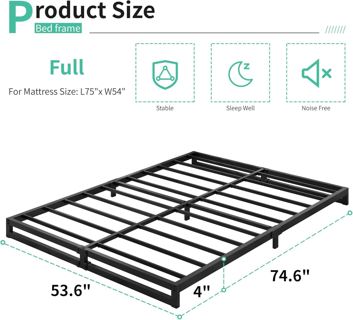4 Inch Full Size Bed Frame No Box Spring Needed, Heavy Duty Metal Platform Beds with Sturdy Steal Slats for Mattress Foundation, Easy Assembly, Noise Free, Black