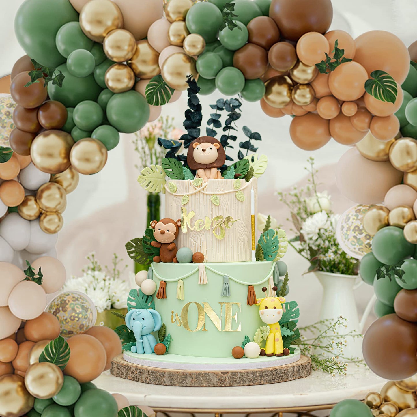 iLaFm 142PCS Sage Green Brown Balloon Garland Kit Jungle Safari Wild Woodland Balloon Arch Olive Green Gold Coffee Cocoa Balloons for Wedding Birthday Shower Party Decorations