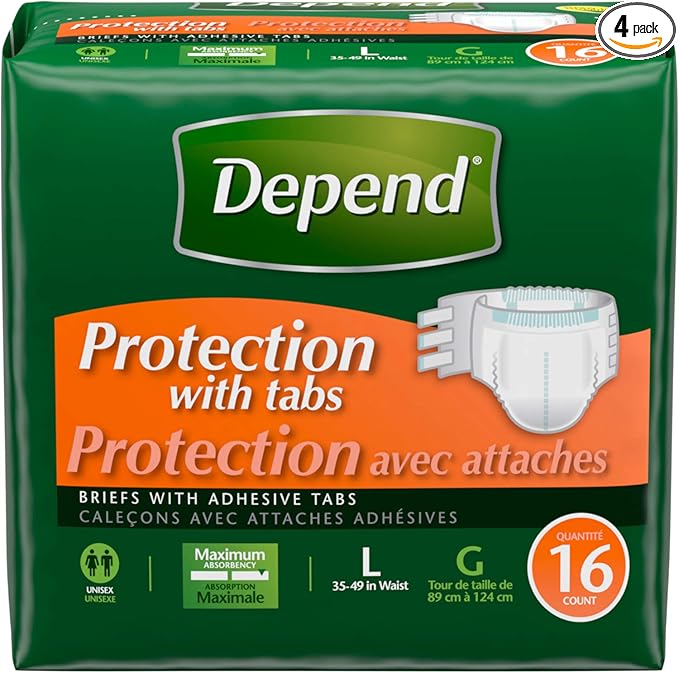 Depend Protection with Tabs Maximum Briefs, Large,16 count ( Pack of 4)