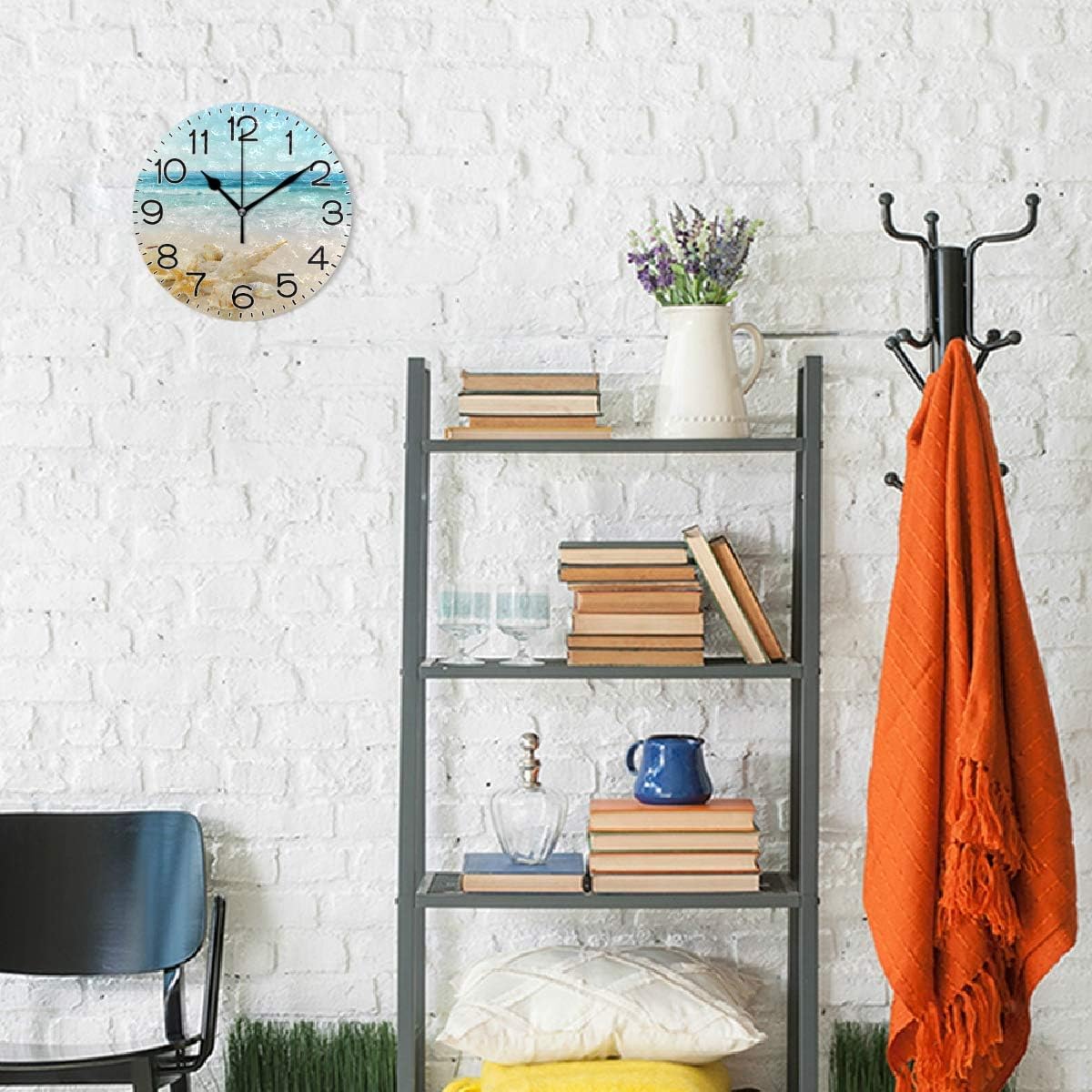 Shells On Beach Wall Clock Battery Operated Non Ticking Silent Quartz Analog Rustic Farmhouse Round Clock Retro Decor for Home Kitchen Living Room Bathroom