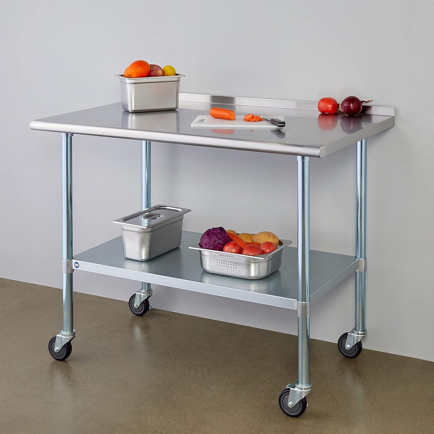 Stainless Steel Table for Prep & Work with Backsplash and Caster 30x48 Inches, NSF Metal Commercial Kitchen Table with Adjustable Under Shelf and Table Foot for Restaurant, Home and Hotel