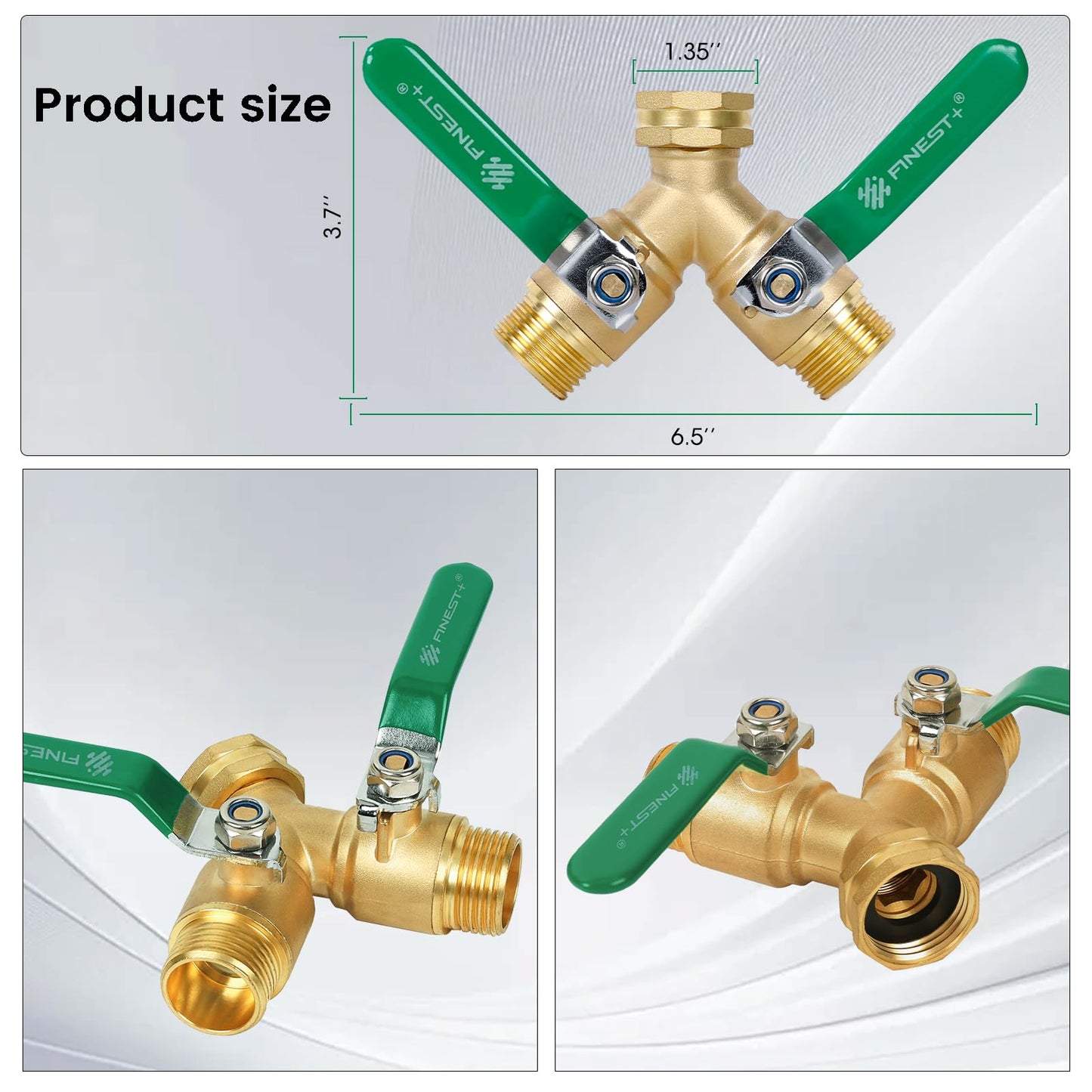 FINEST+ Garden Hose Splitter 2 Way, Heavy Duty Brass Y Valve Garden Hose Splitter With Stainless Steel Long Handle, Full Flow Hose Splitter Connector, Y Valve 3/4 Inch GHT Thread