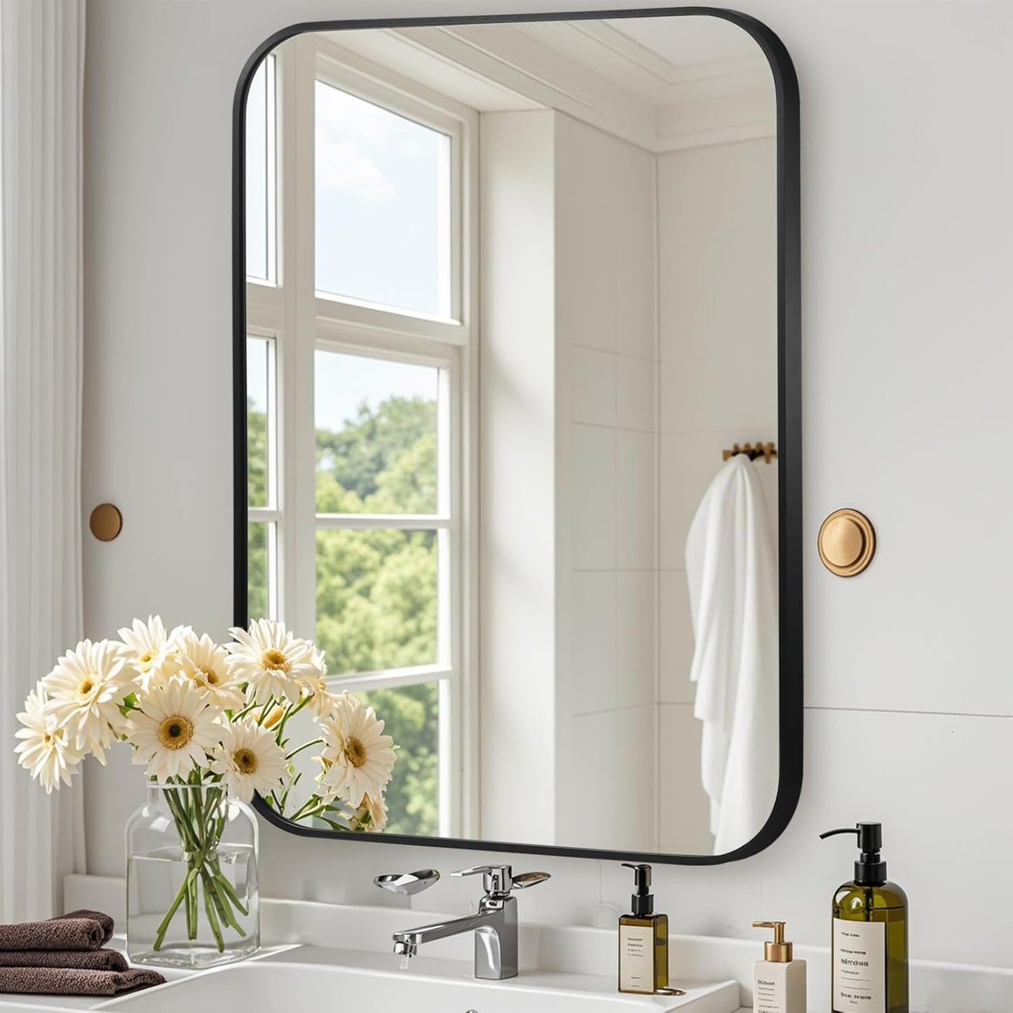 Matte Black Mirror, 22"x30" Rectangle Bathroom Mirror, Metal Frame Rectangle Corner Vanity Mirror, Wall Mounted Mirror for Modern, Living Room, Bedroom, Horizontal Or Vertical