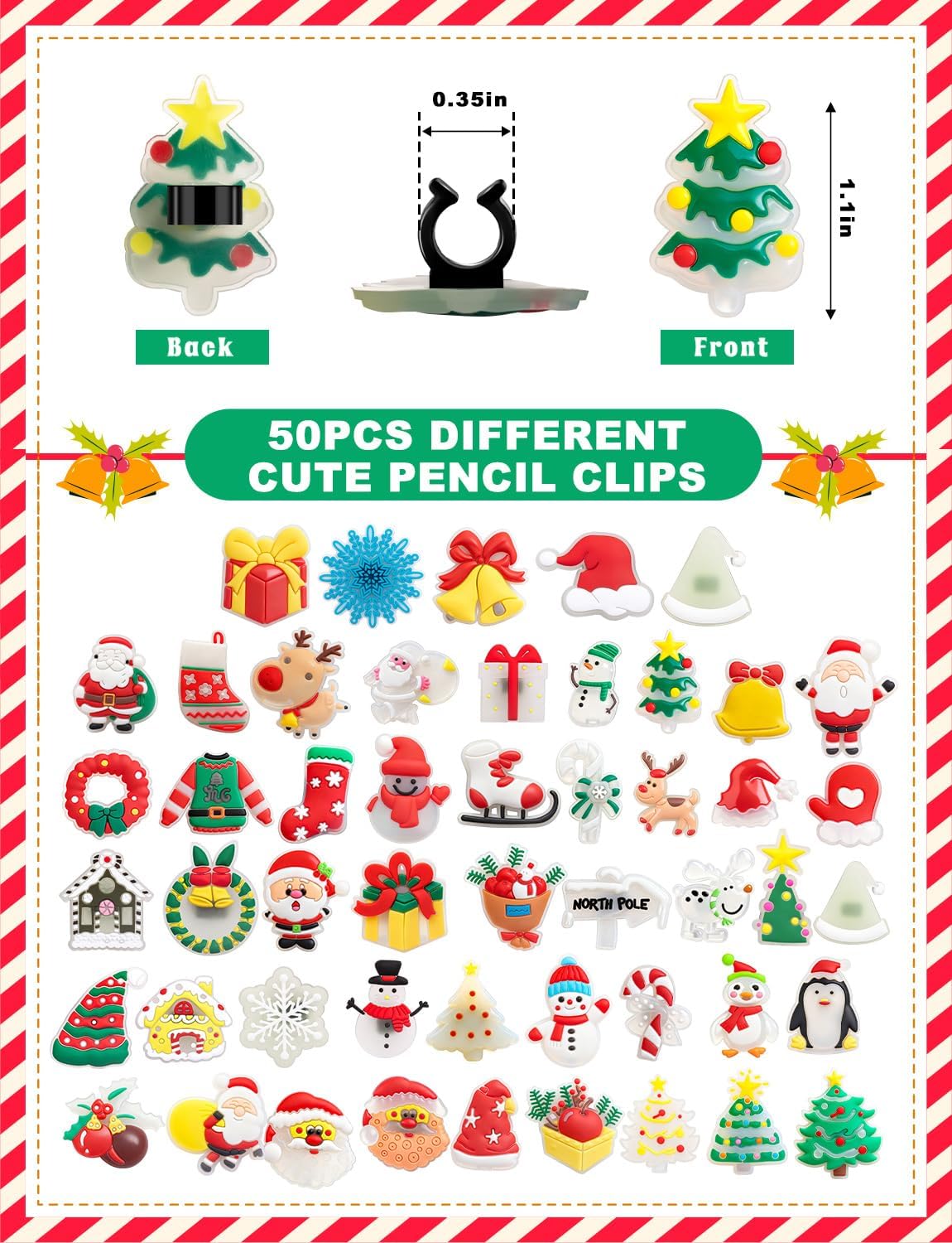 WDAHDHP Christmas Glow in the Dark Pencil Clips, 50Pcs Cute Luminous Pencil Charms Topper for Kids Students School Gifts Classroom Rewards