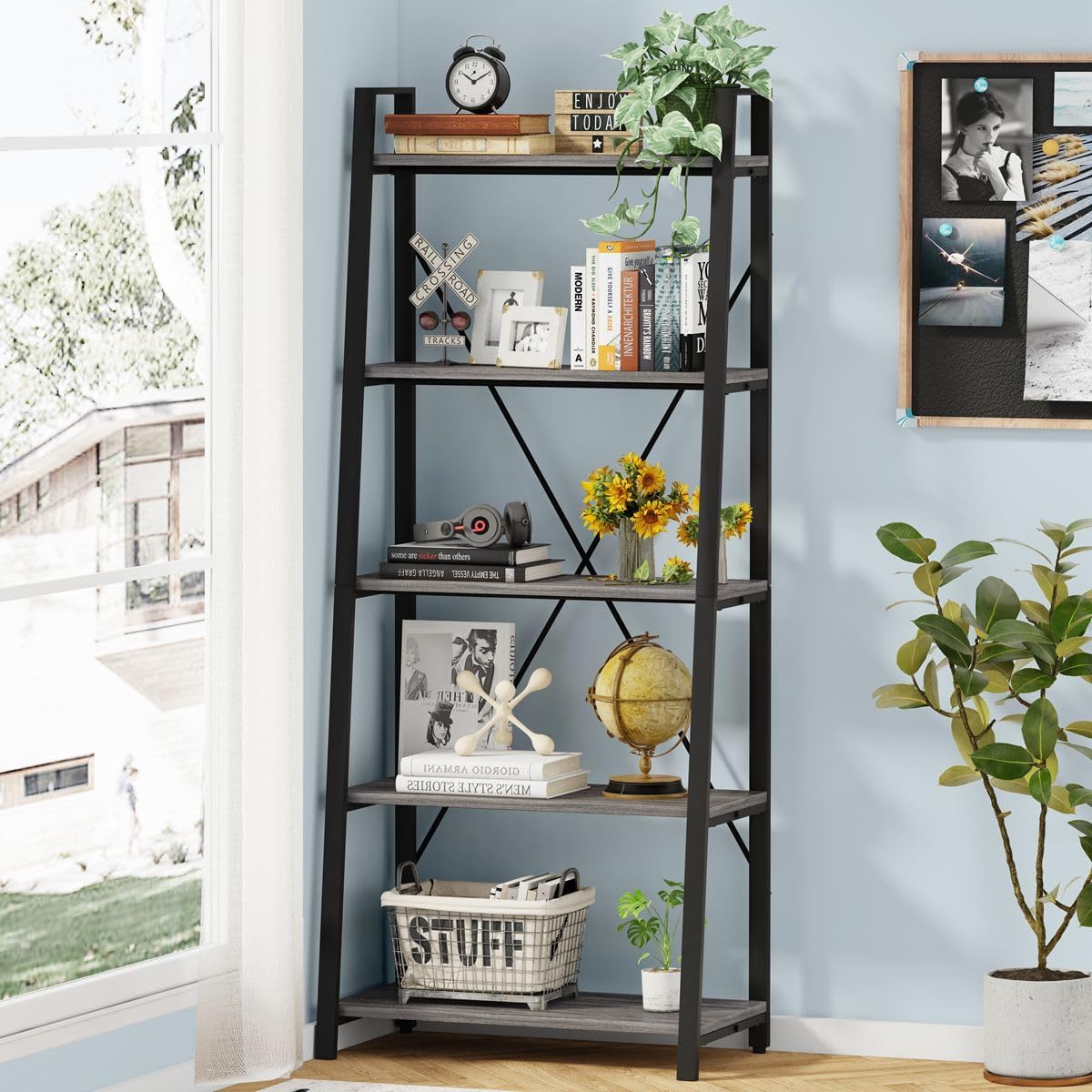 BON AUGURE 5-Tier Ladder Shelf, Industrial Leaning Bookcase, Wood and Metal Ladder Bookshelf for Living Room, Bedroom, Kitchen, Home Office (Grey Oak)