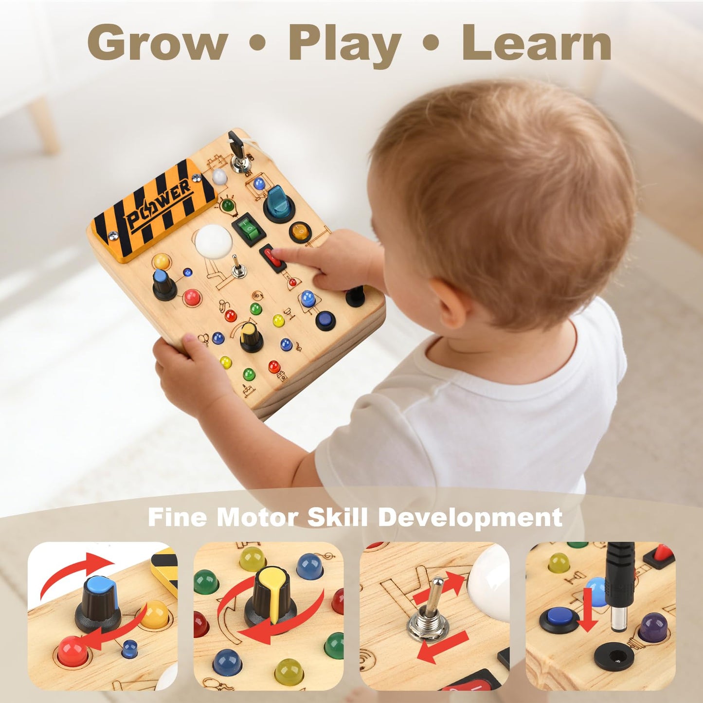LED Busy Board for Toddlers - Montessori Sensory Toy with 10 Switches & 19 Lights, Wooden Activity Board for Fine Motor Skills, Ideal Educational Birthday Travel Toy Gift for 1 2 3 Year Old Boys Girls