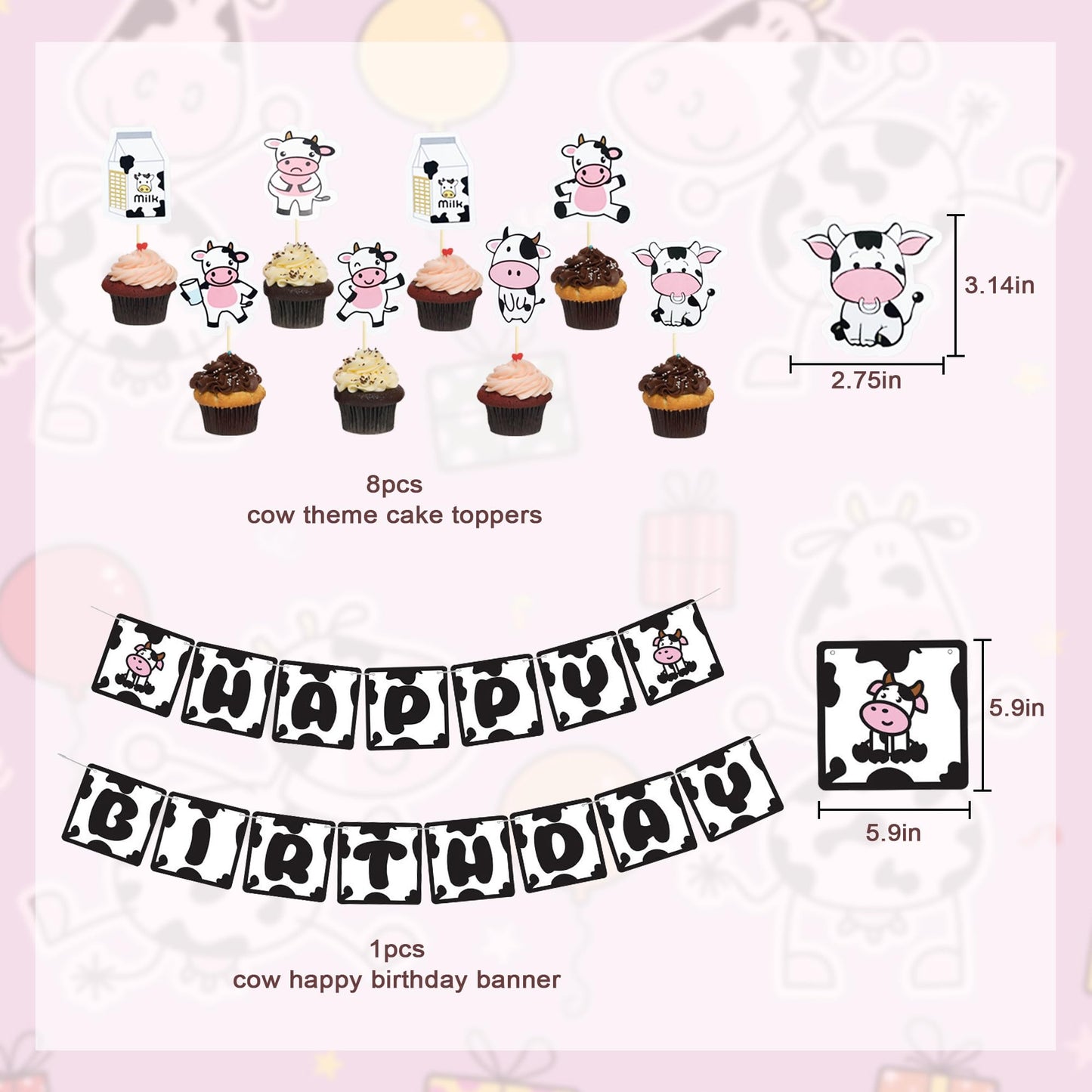 Amandir 115PCS Pink Cow Party Decorations - Balloon Garland Arch Kit with Cow Print Balloons, Happy Birthday Banner, Cake Topper for Girl Baby Shower, Farm Animals Themed Birthday Party Supplies