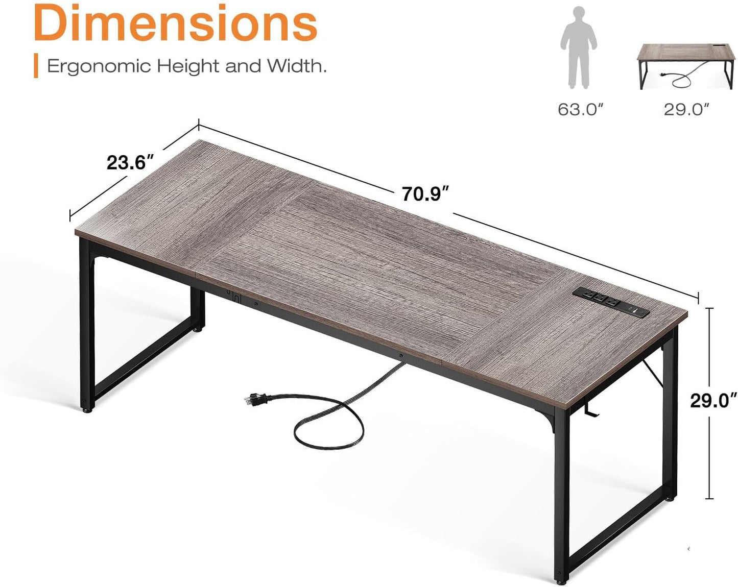 Coleshome 71 x 24 Inch Computer Desk with USB Ports, Large Office Desk, Long Study Student Writing Desk, Grey Oak