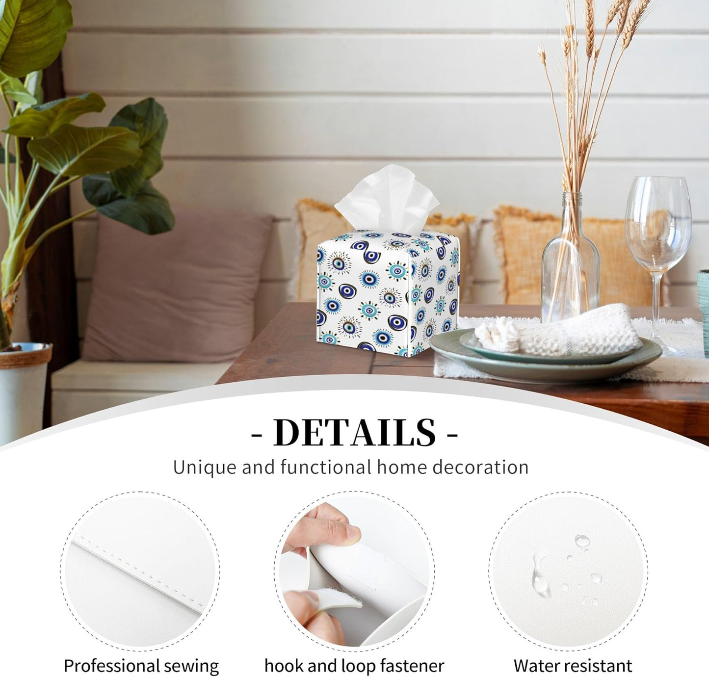 Evil Eye Tissue Box Cover Leather Tissue Box Holder Square Facial Paper Organizer Dispenser for Bathroom Kitchen Bedroom Vanity Countertop Night Stands