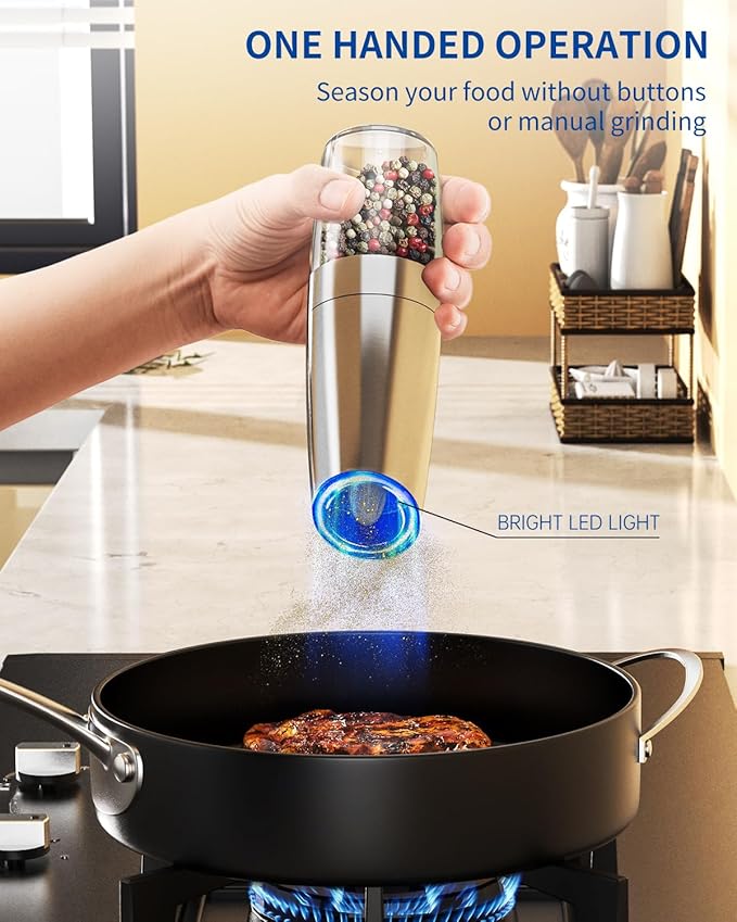 CIRCLE JOY Gravity Electric Salt and Pepper Grinder Set Stainless Steel Automatic Salt and Pepper Grinder Set, Battery Operated, LED Light, Adjustable Coarseness, for Home Kitchen BBQ, Silver
