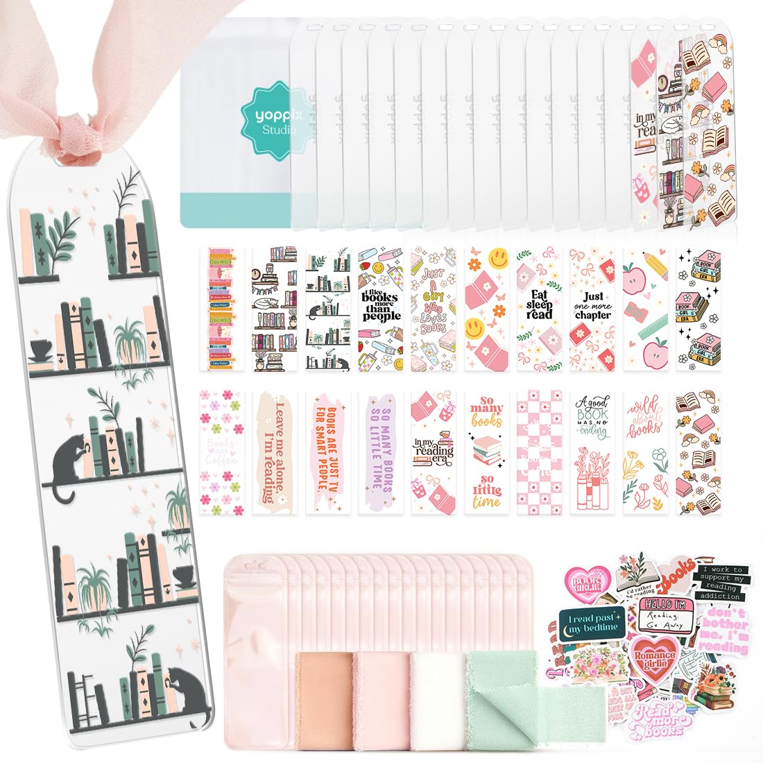 YOPPIX 6x2” Acrylic Bookmark Blanks- 20 Set Bookmark Making Kit with 20 UV DTF Stickers About Booklover Theme 20 Ribbon 80 Bookish Stickers for DIY Your Crafts Gift for Book Lover