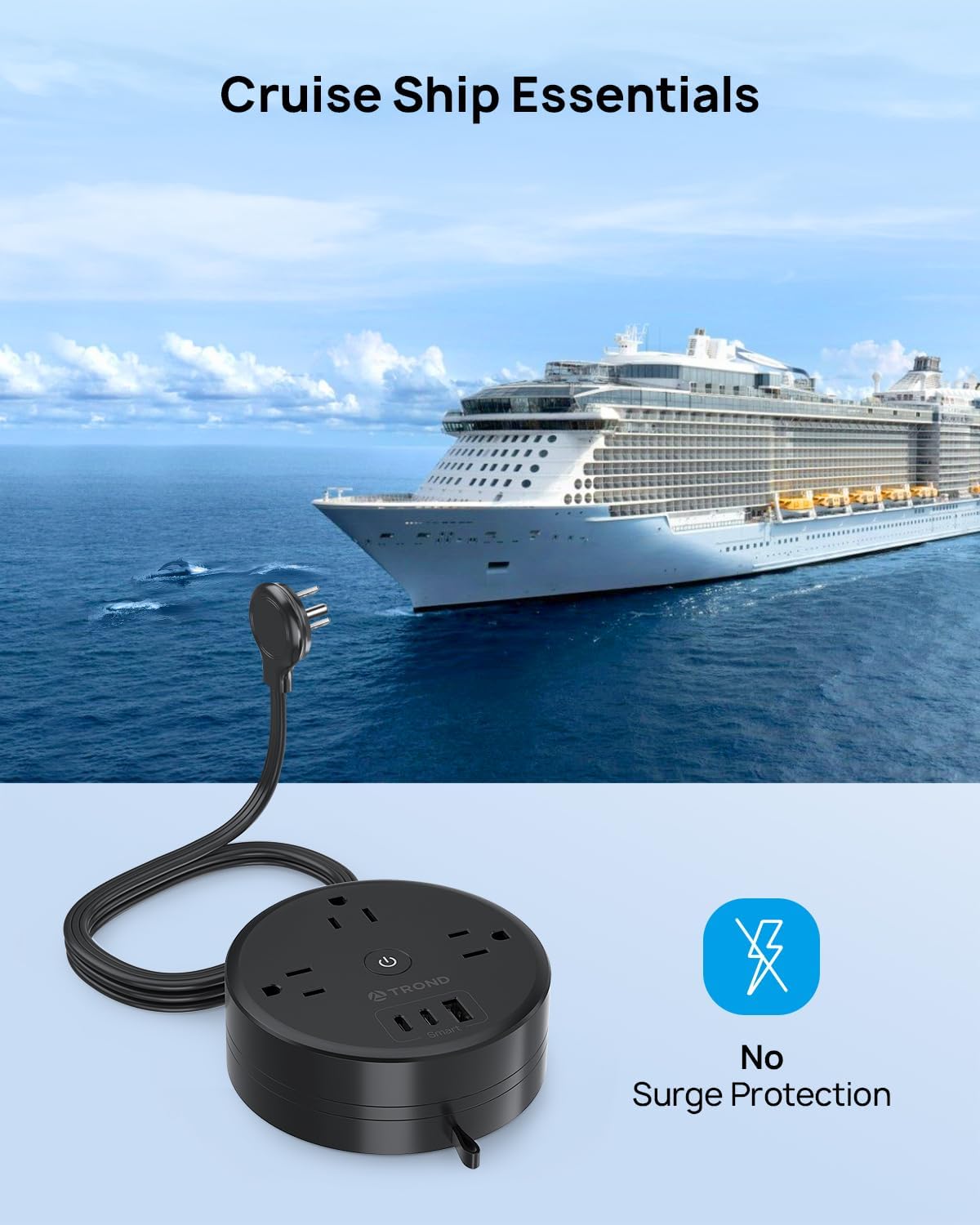 TROND Power Strip Flat Plug - Extension Cord 10FT Semi-Retractable, Power Strip with 3 AC Outlets 3 USB Ports (2 USB C), Ultra Thin Flat Plug, Cruise Ship Essentials, for Home, Hotel, Office