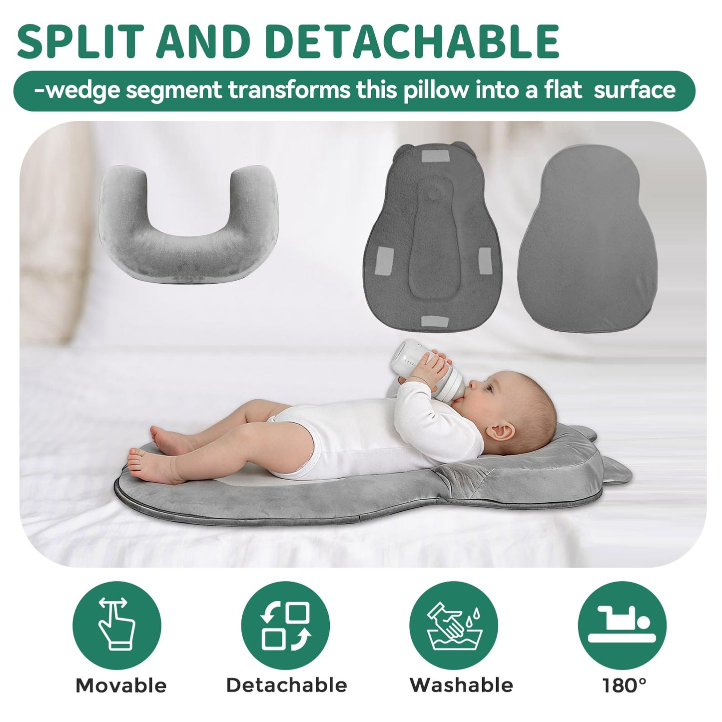 XFaa Rootling Baby Feeding Pillow, Anti Overflow Feeding Pillow for Reducing Spit-Up, Safety Nursing Pillow, Baby Lounger Reflux Wedge Breastfeeding, Removable top and Bottom