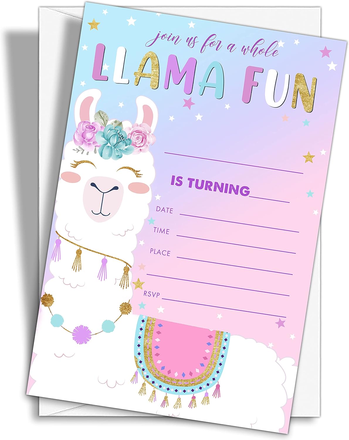 Llama Birthday Party Invitations, 20-Count A Whole Llama Fun Alpaca Birthday Party Invites With Envelopes-HBYQK-B52