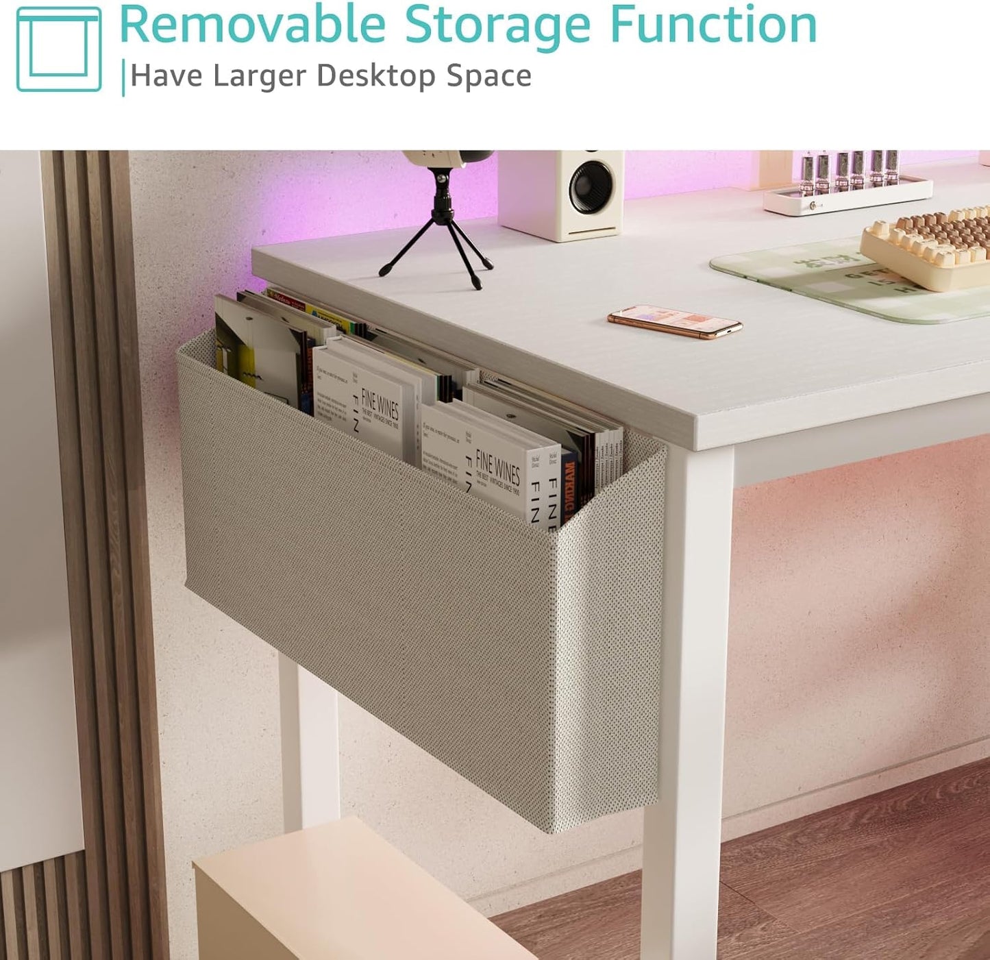 Lufeiya White Computer Desk with Power Outlet, 47 inch Teen Study Table Home Office Work Writing Gaming Desks with Charging Station Outlets Built in, White