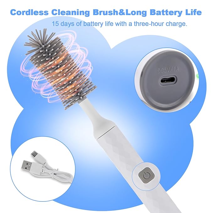 Rechargeable Electric Bottle Brush Cleaner Set with 3 Piece Silicone Baby Bottle Brush Cleaner and Straw Cleaner Brush,BPA Free,Waterproof,Perfect Baby Registry Gift,White
